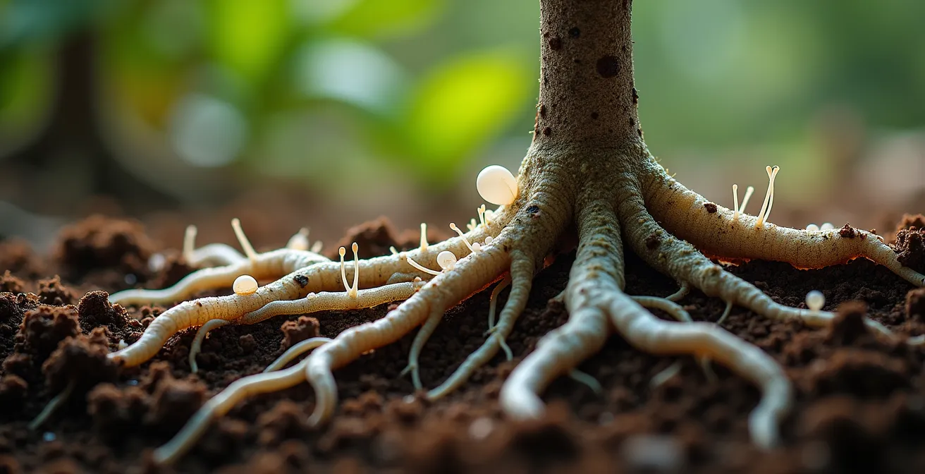 Extreme close-up of tree roots with visible mycorrhizal networks