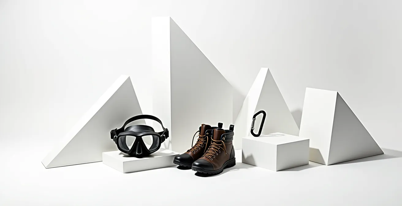 Abstract composition of adventure sports equipment without visible text or branding