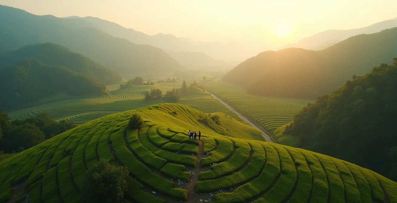 Wide aerial view of a reforestation site showing monitoring patterns and researchers