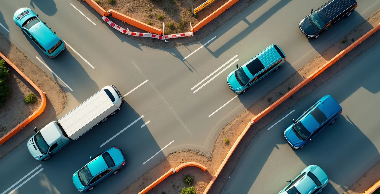 Bird's eye view of cars forming zipper merge pattern on highway construction zone