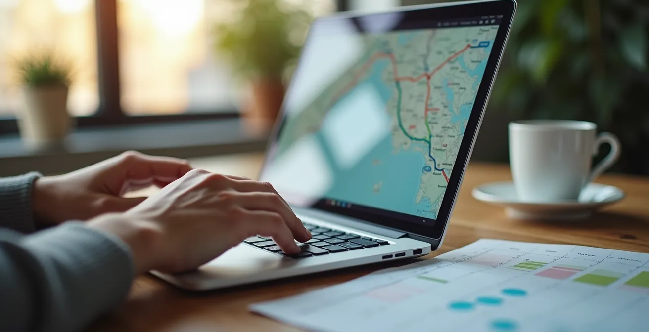 Over-shoulder view of person researching construction projects on laptop with paper calendar nearby