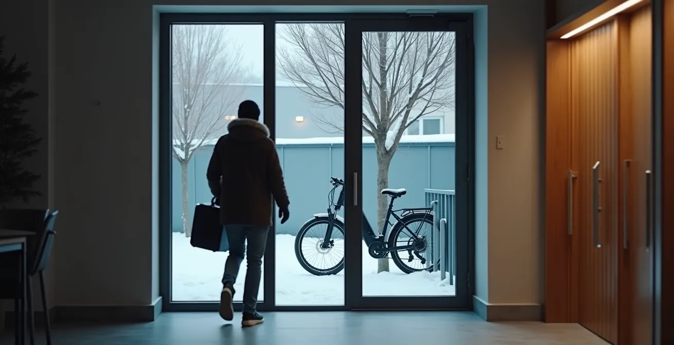 Person in winter coat carrying a removable e-bike battery through apartment building entrance during snowy evening