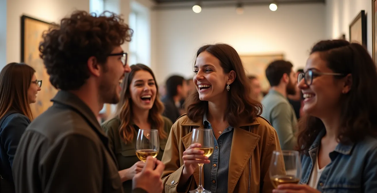 Crowded art school exhibition opening with diverse artworks displayed on white walls