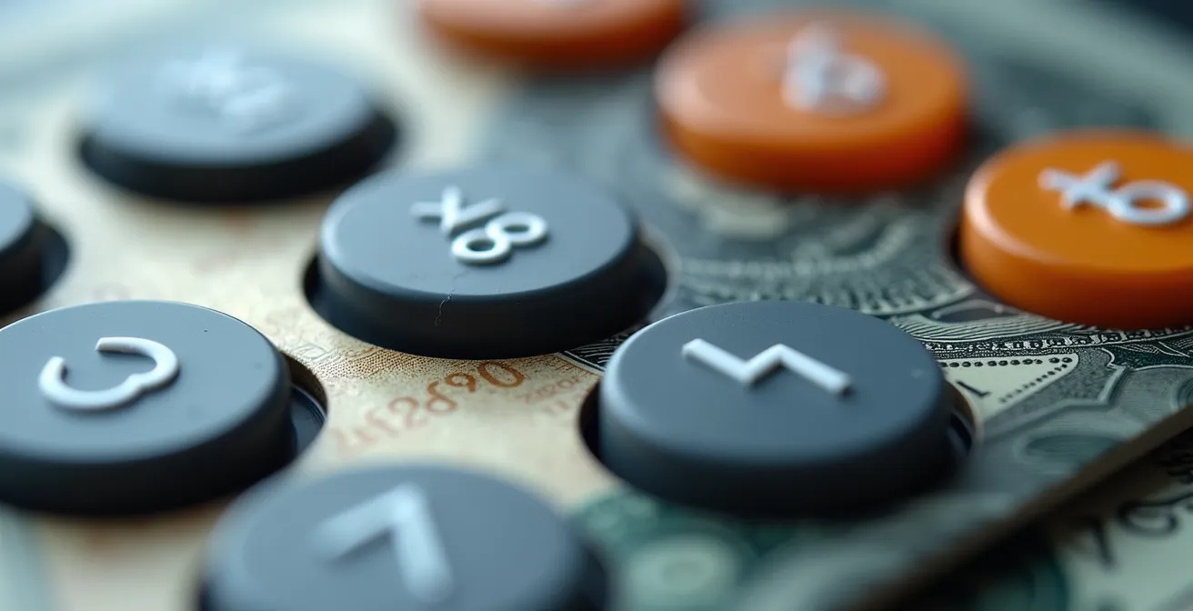 Abstract composition showing calculator with credit cards and money symbols in soft focus
