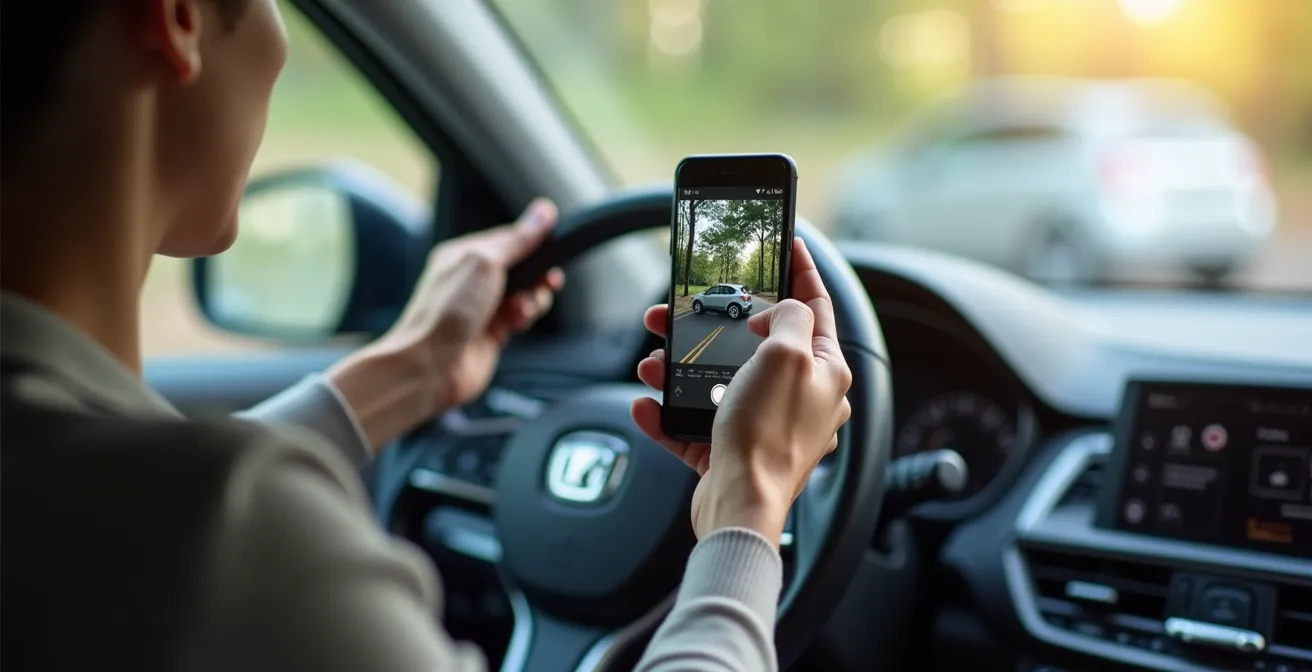 A person meticulously documenting the condition of a rental car with their smartphone before a trip.