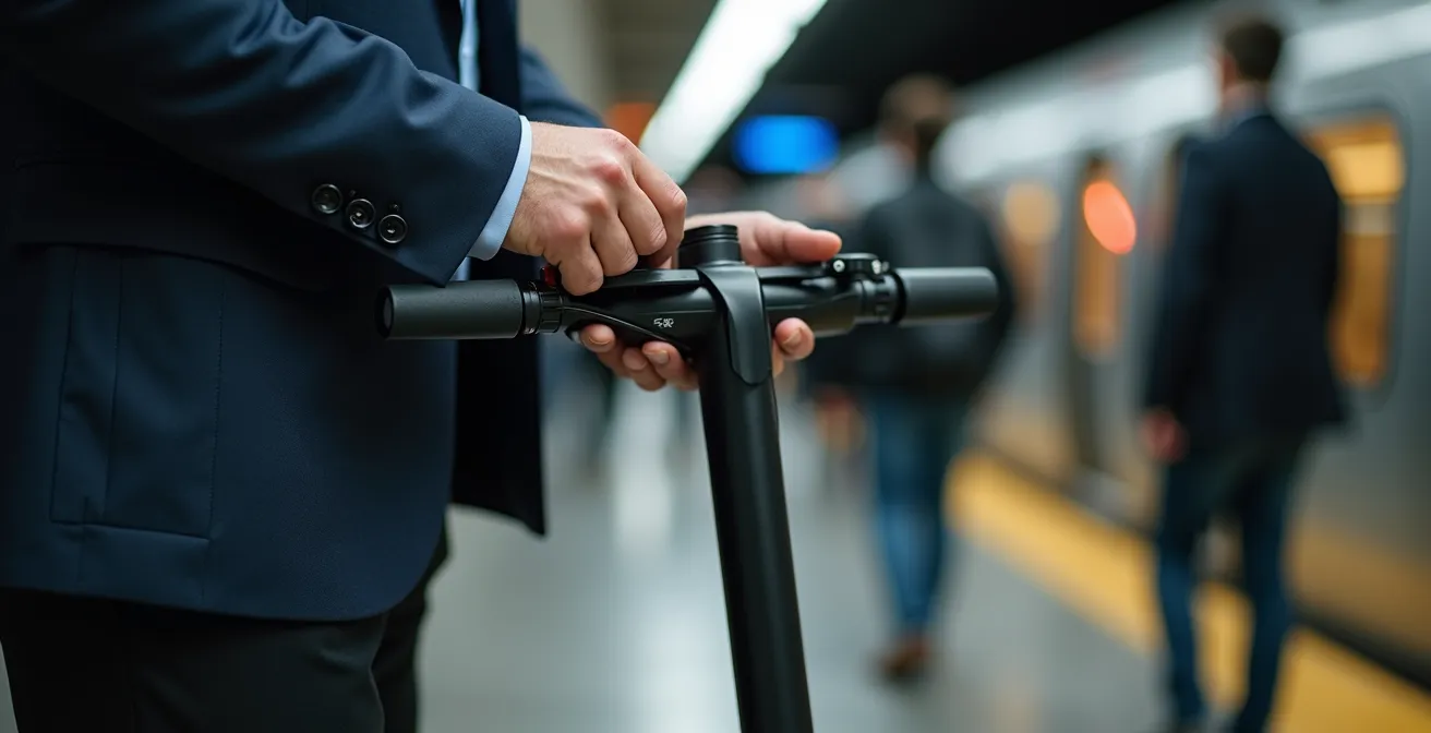 Business commuter efficiently folding electric scooter on train platform