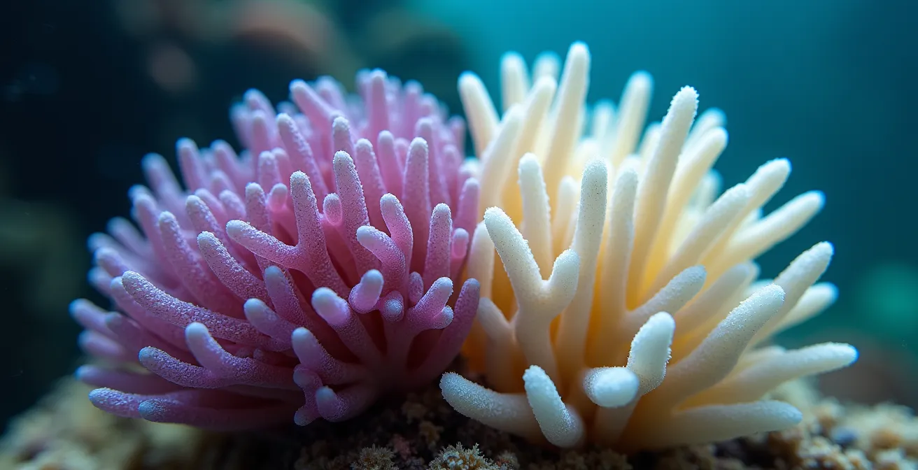 Extreme close-up of healthy coral polyps contrasted with bleached coral