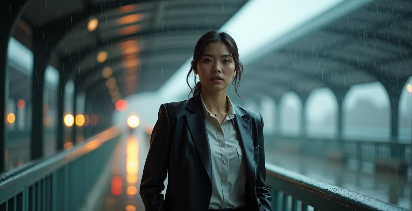 Commuter finding sheltered pathway during rain at transit station