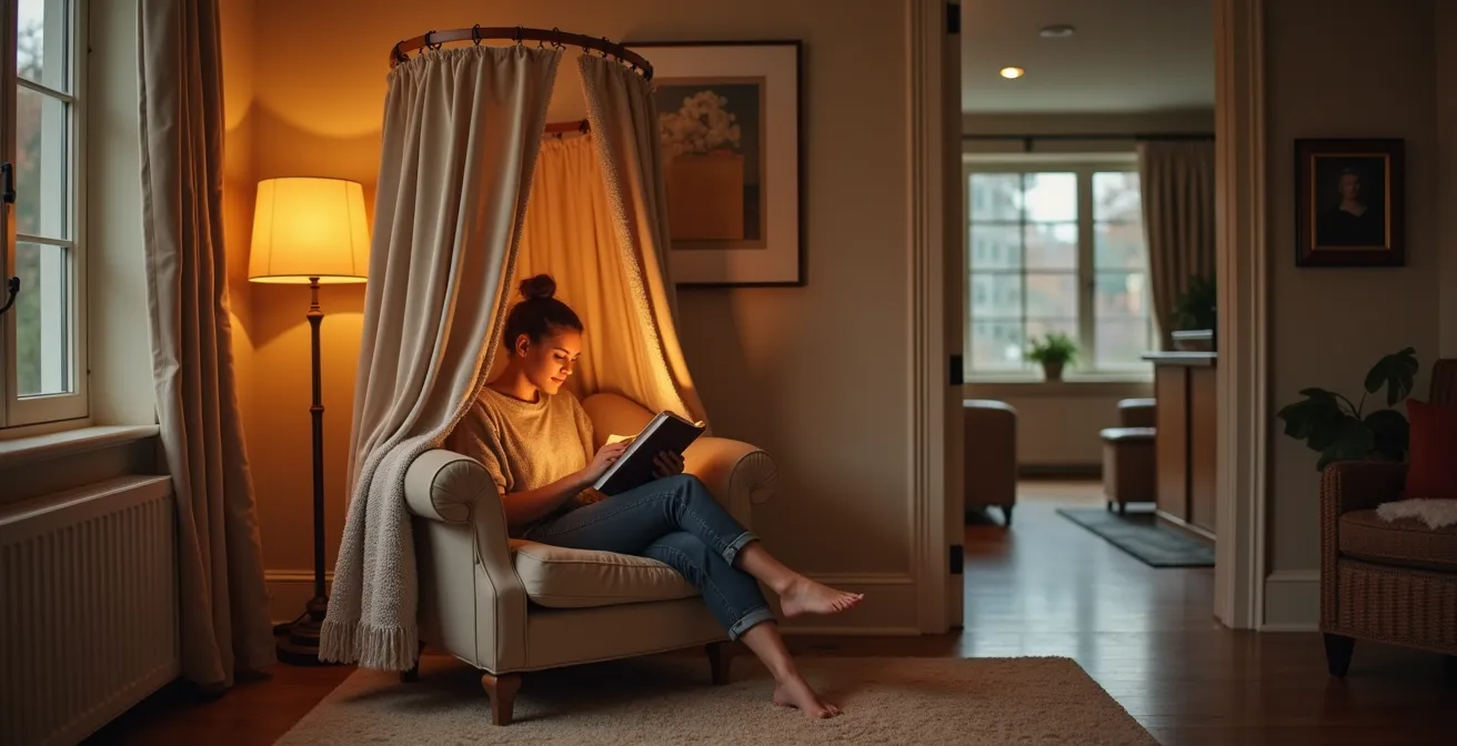 Intimate reading nook with high-back chair in corner of open floor plan