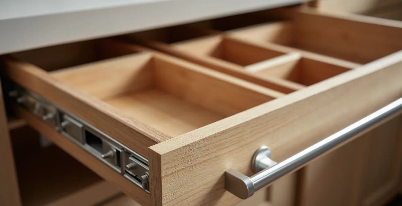 Close-up view of custom cabinet interior showing organized pull-out drawers and adjustable shelving