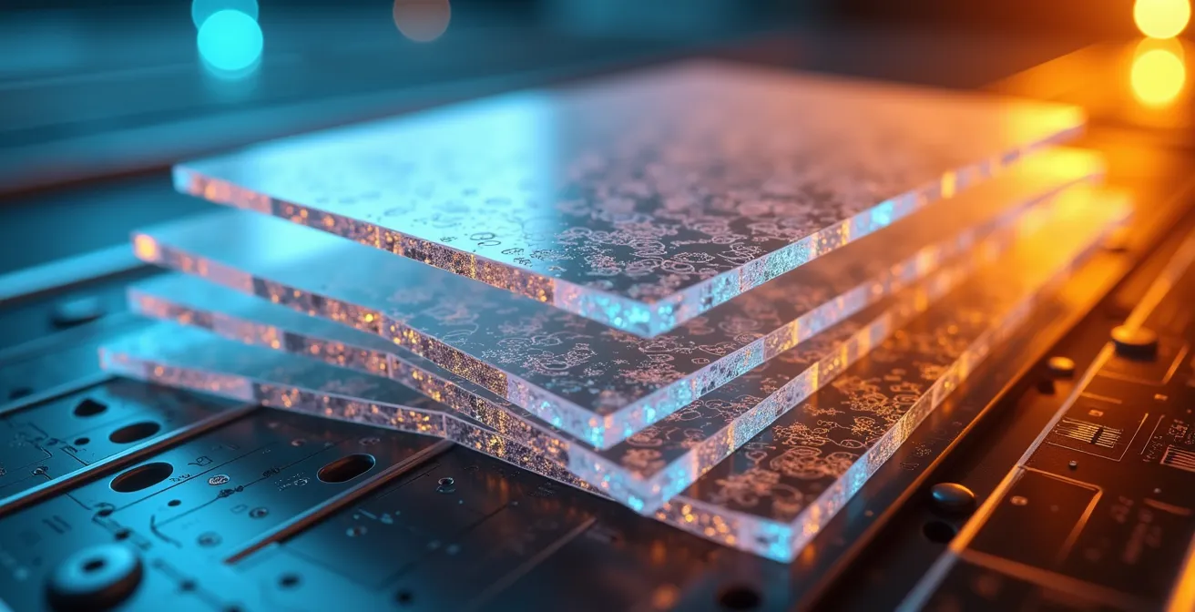 Abstract macro photography showing layers of translucent data representing accumulated digital waste