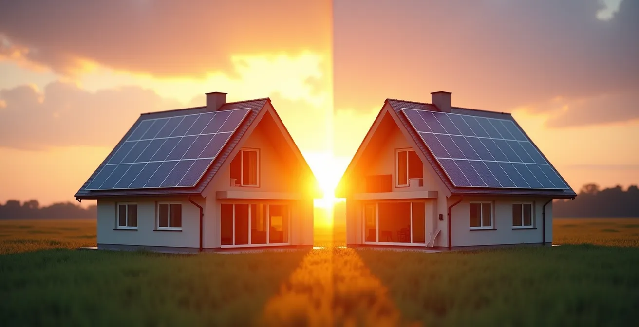 Split view of solar panels on east and west roof faces showing sunlight patterns throughout the day