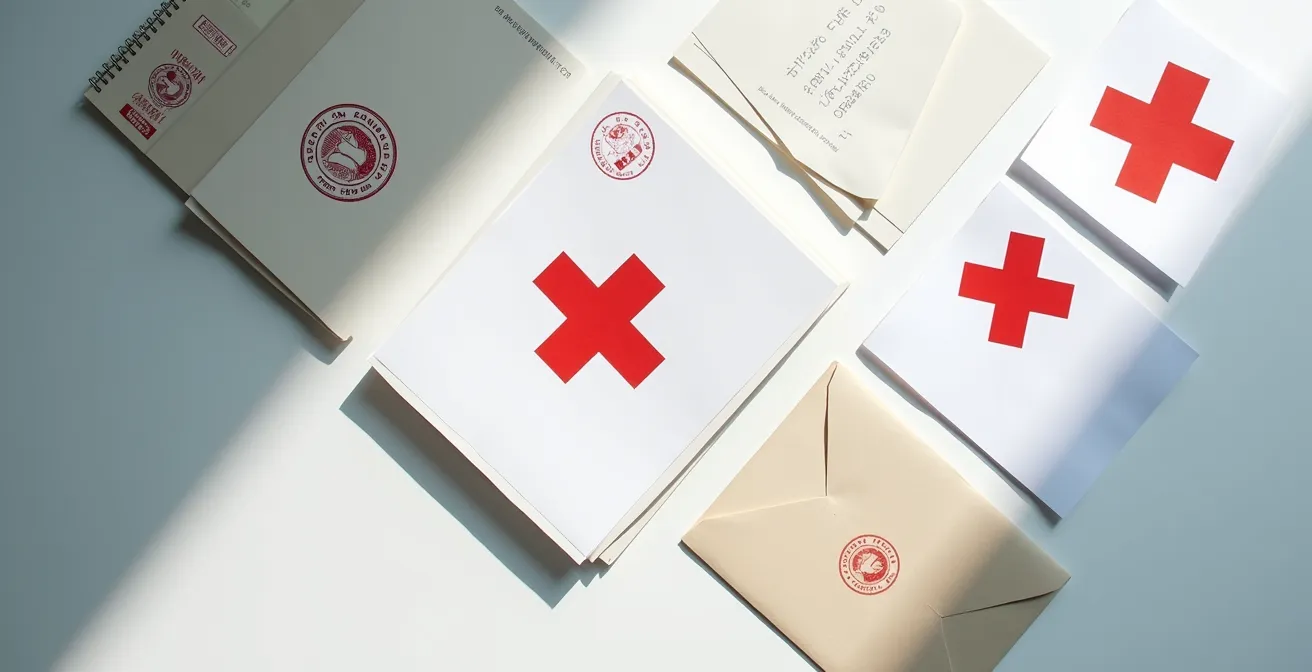 Organized desk with medical letters, business invitations, and travel documents arranged for emergency visa application