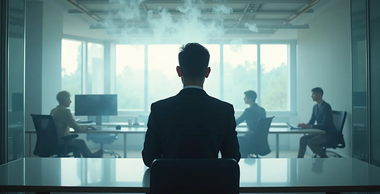 Abstract visualization of an energetic protective barrier around a calm professional figure