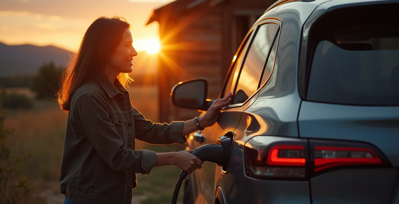 Electric vehicle using emergency charging cable at rural location
