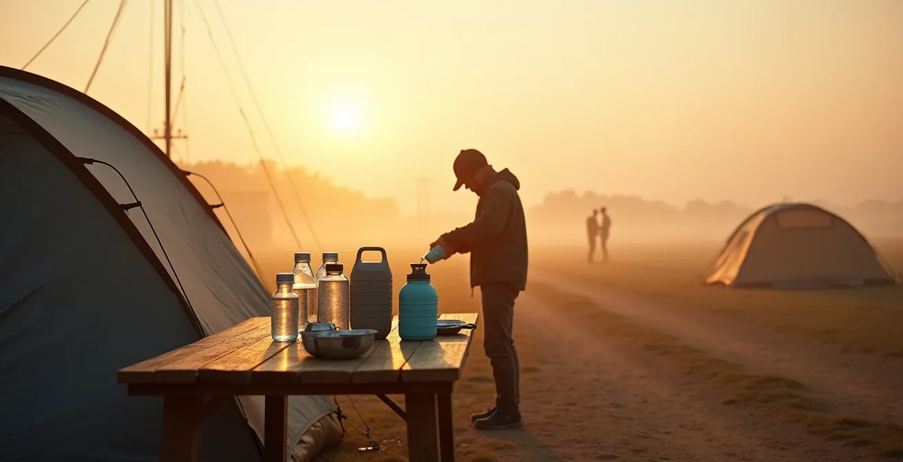 Wide shot of organized campsite hydration station at sunrise