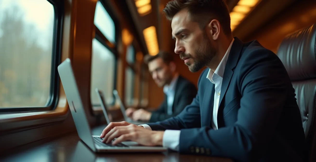 Serene first-class train compartment with professional working in focused silence