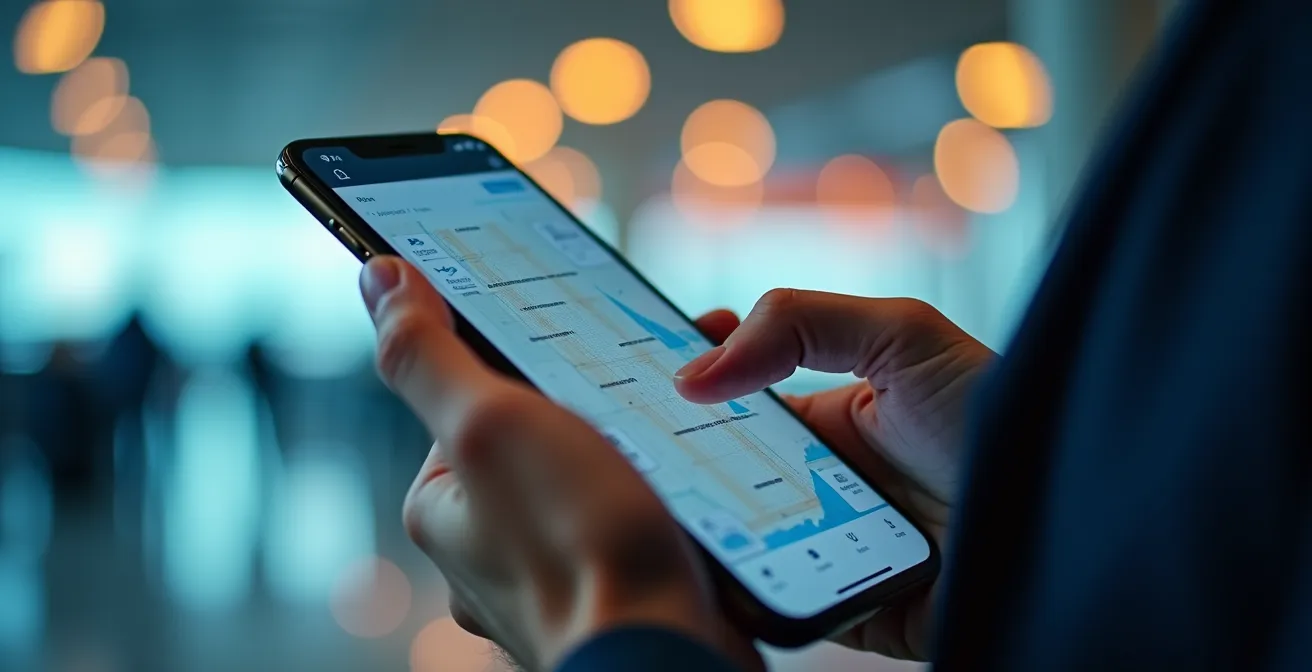 Close-up of hands holding smartphone displaying flight tracking data with airport background