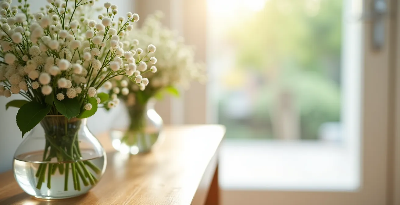 Bright, clean home entryway with natural light, fresh flowers, and subtle neutral decor creating welcoming first impression