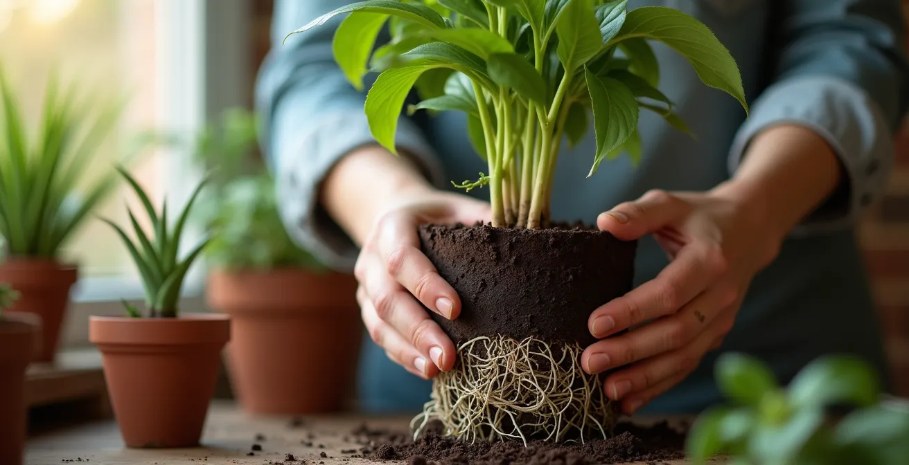 Hands gently examining white healthy roots during repotting process