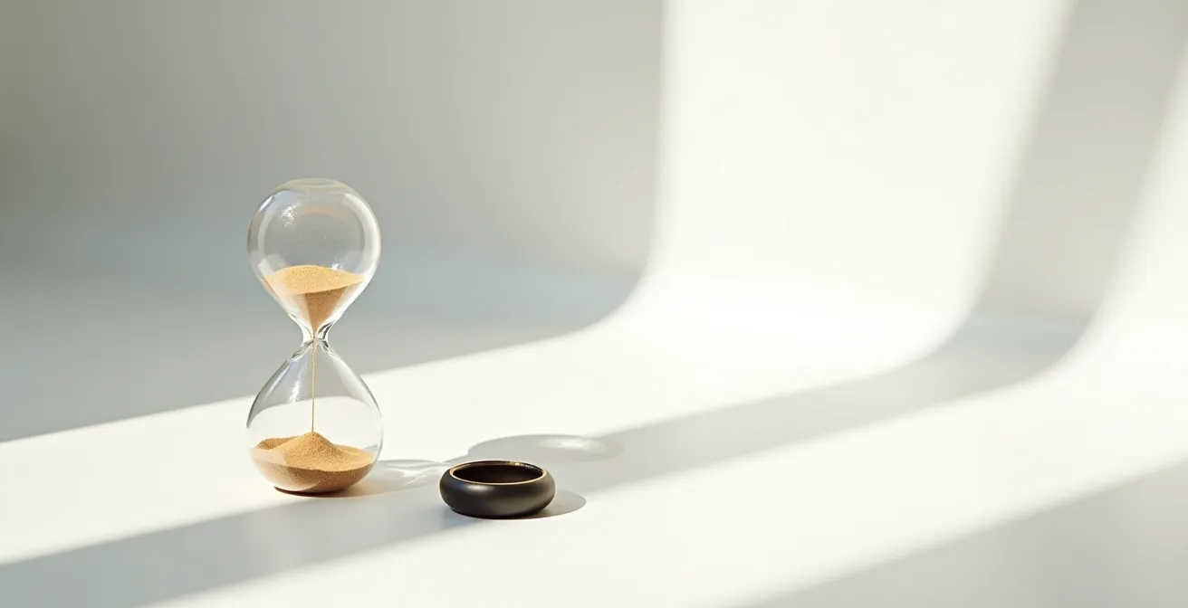 Visual representation of time versus money trade-off in purchasing decisions, with an hourglass next to a luxury item.
