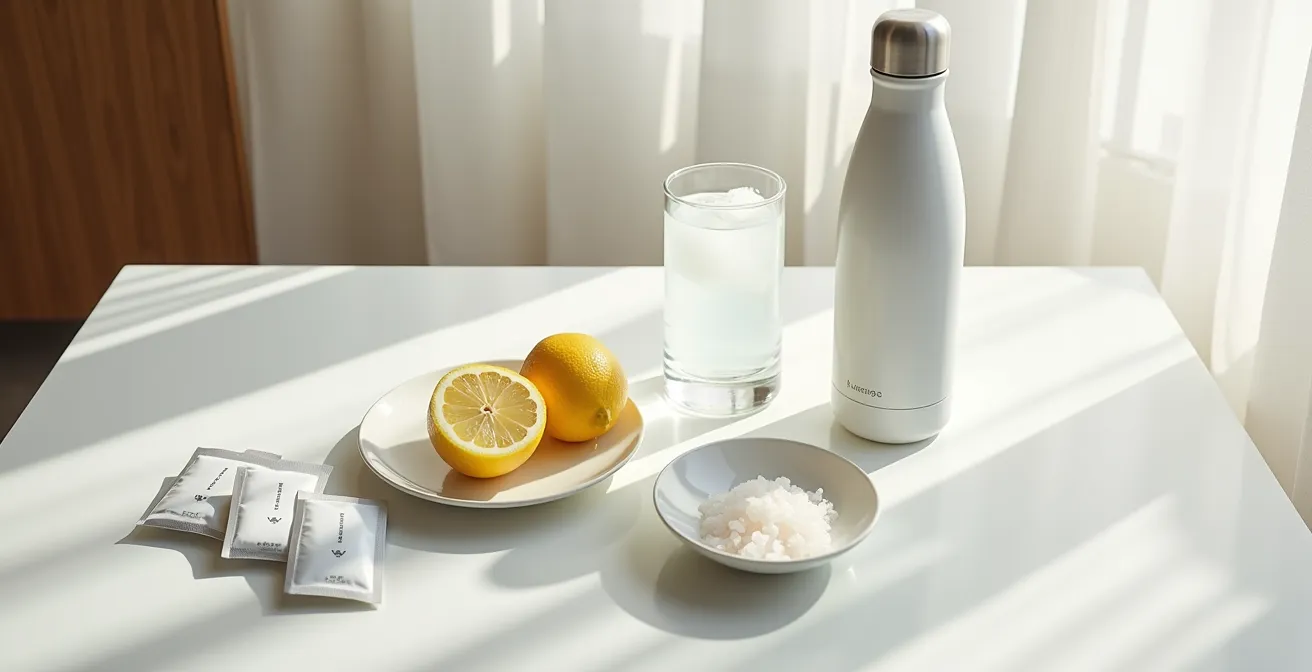 Minimalist composition of hydration essentials for business travel