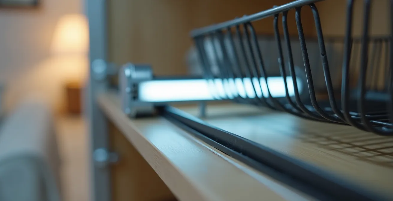 Detailed view of a corner cabinet pull-out mechanism with integrated LED lighting