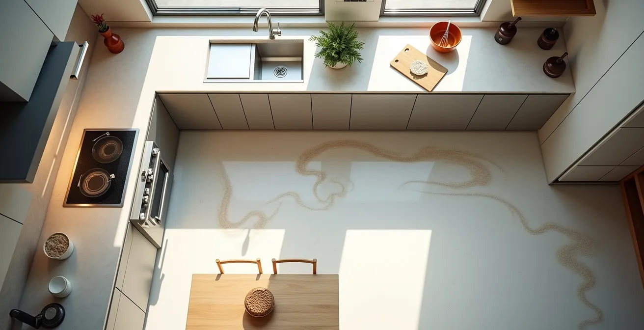 Overhead view of a kitchen showing optimal traffic patterns around the work triangle