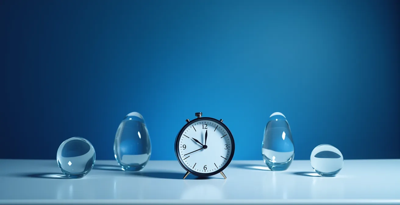 Abstract visualization of a clock face at 7 PM, symbolizing the precise timing of melatonin intake to reset the circadian rhythm for travel.