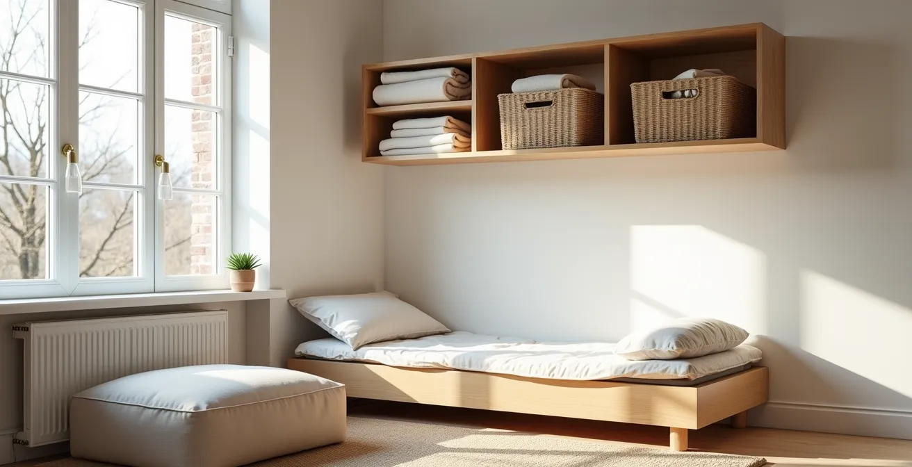 Minimalist bedroom showing vertical wall storage for bedding