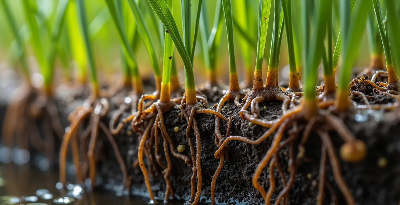Close-up macro view of wetland plant roots and soil structure showing water absorption