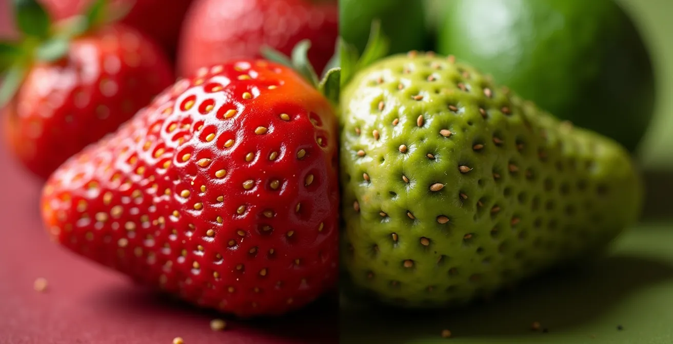 Close-up comparison of organic strawberries and conventional avocados showing surface textures