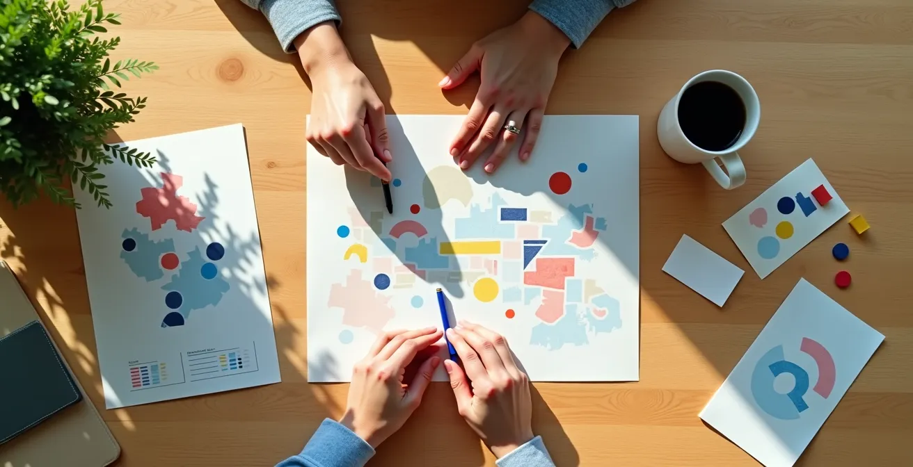 Overhead view of desk with policy briefing materials and community maps being prepared