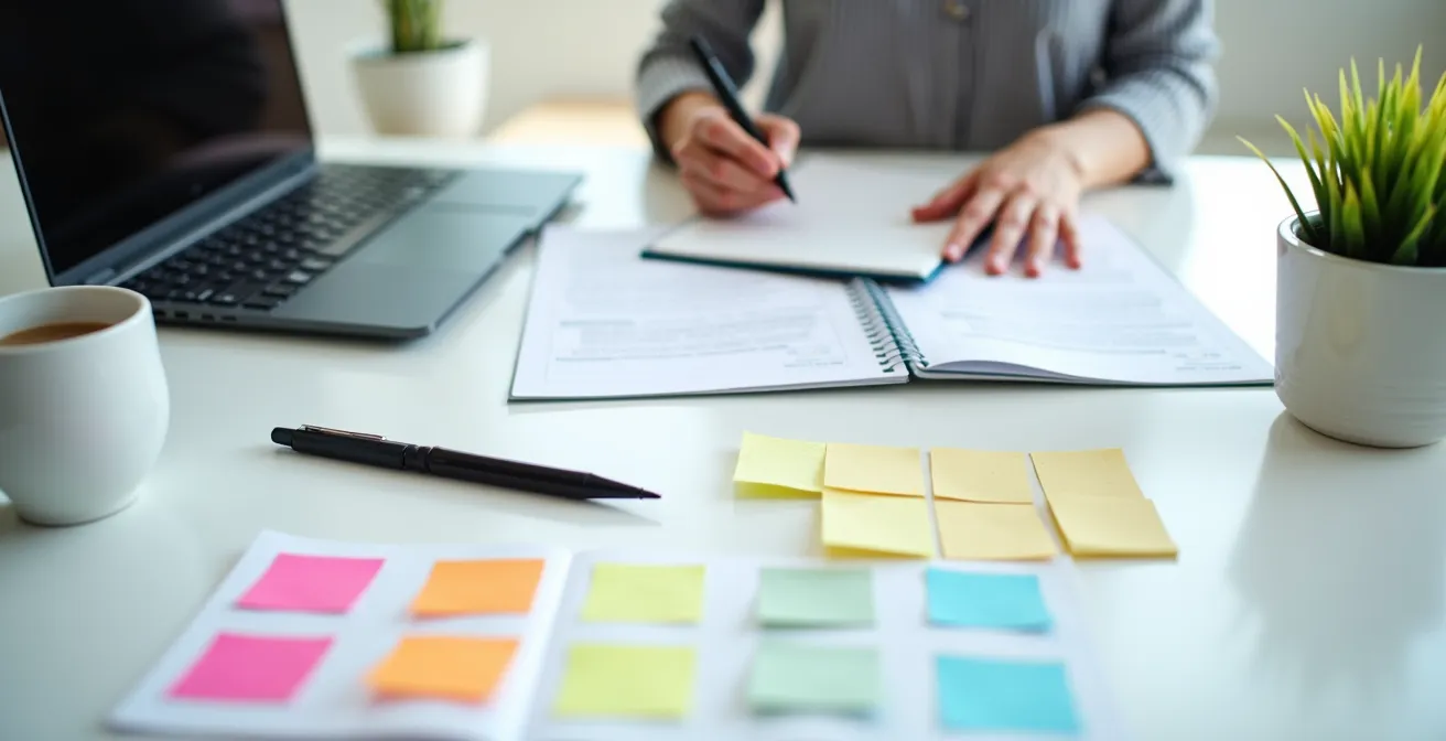 Person organizing theater lottery entries on laptop with calendar and notes