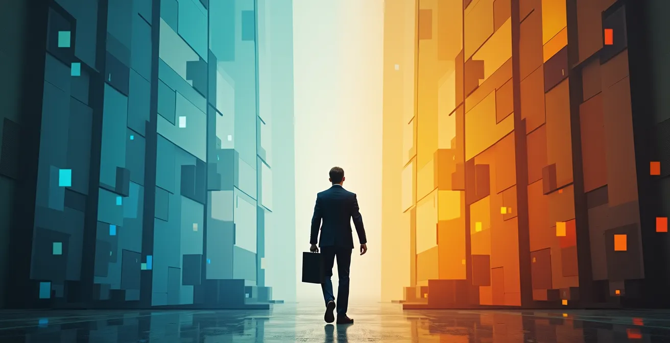 Abstract visualization of immigration scoring system with geometric shapes and professional figure