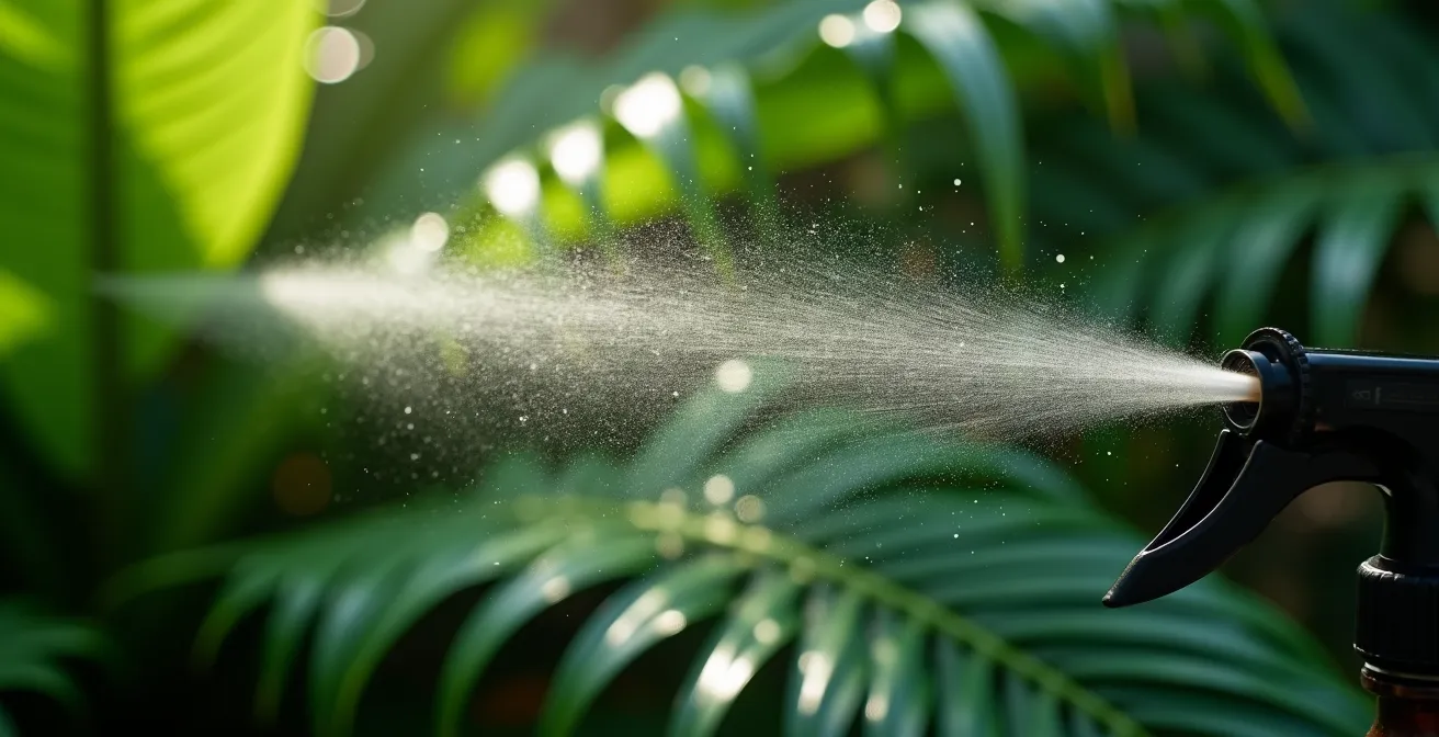 Close-up of fine mist being applied to tropical houseplant leaves