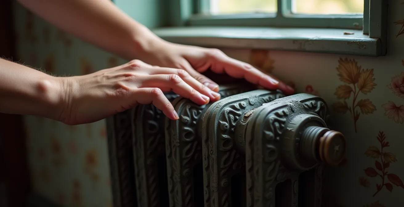 Hands feeling temperature difference on radiator surface showing hot bottom and cold top