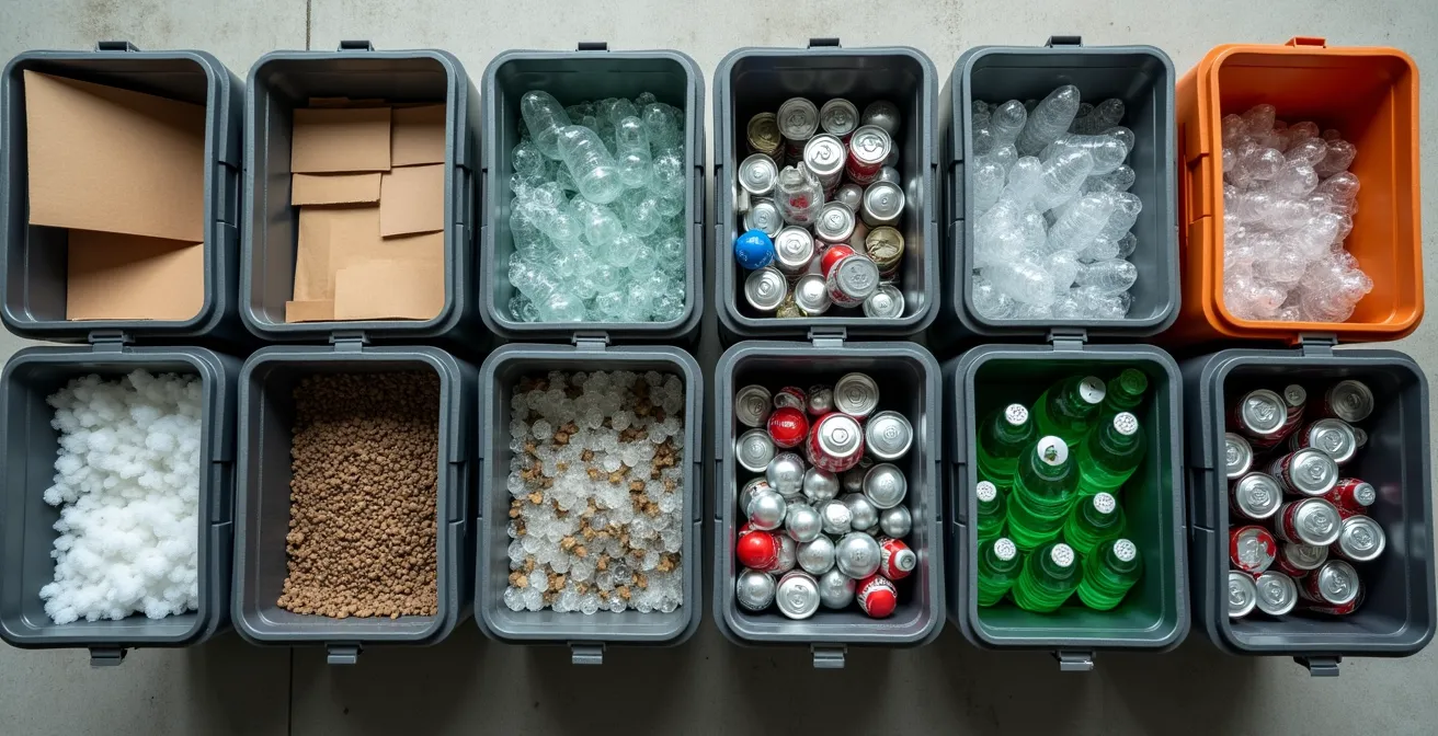 Aerial view of sorted recyclables in separate compartments showing clean materials ready for processing