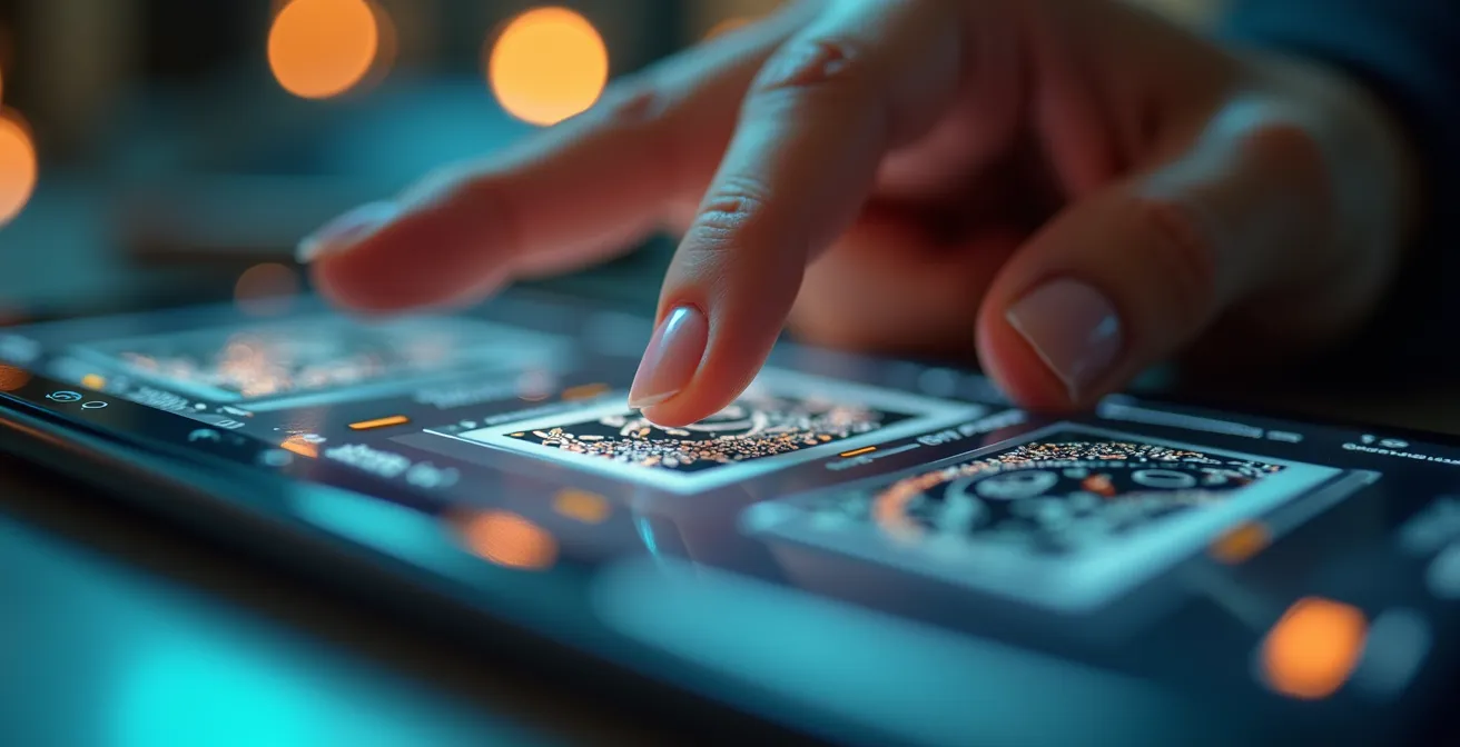 Close-up hands using multiple devices to verify an image through reverse search tools