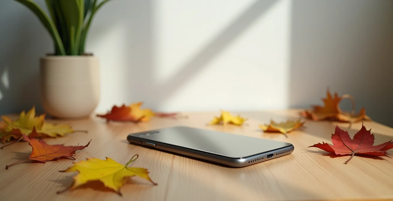 Minimalist environmental composition showing the extended lifecycle of a device through natural aging