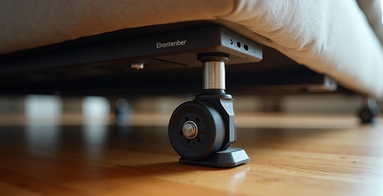 Close-up view of sofa bed lifting mechanism with protective wheels