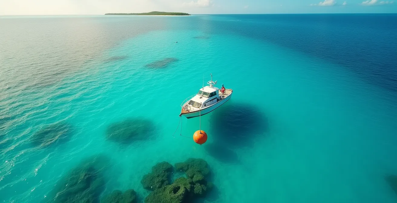 Eco-certified dive boat anchored responsibly near protected marine area with mooring buoy system