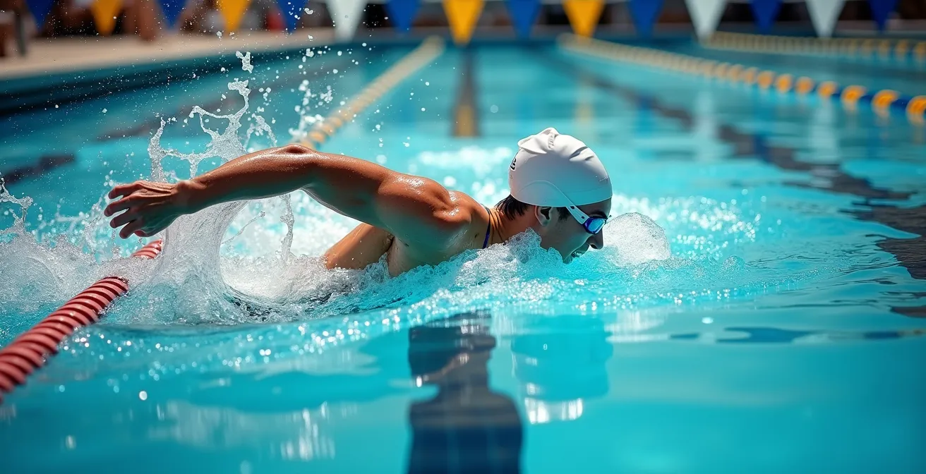 Swimmer demonstrating proper body roll technique in a pool with torso rotation visible from side angle