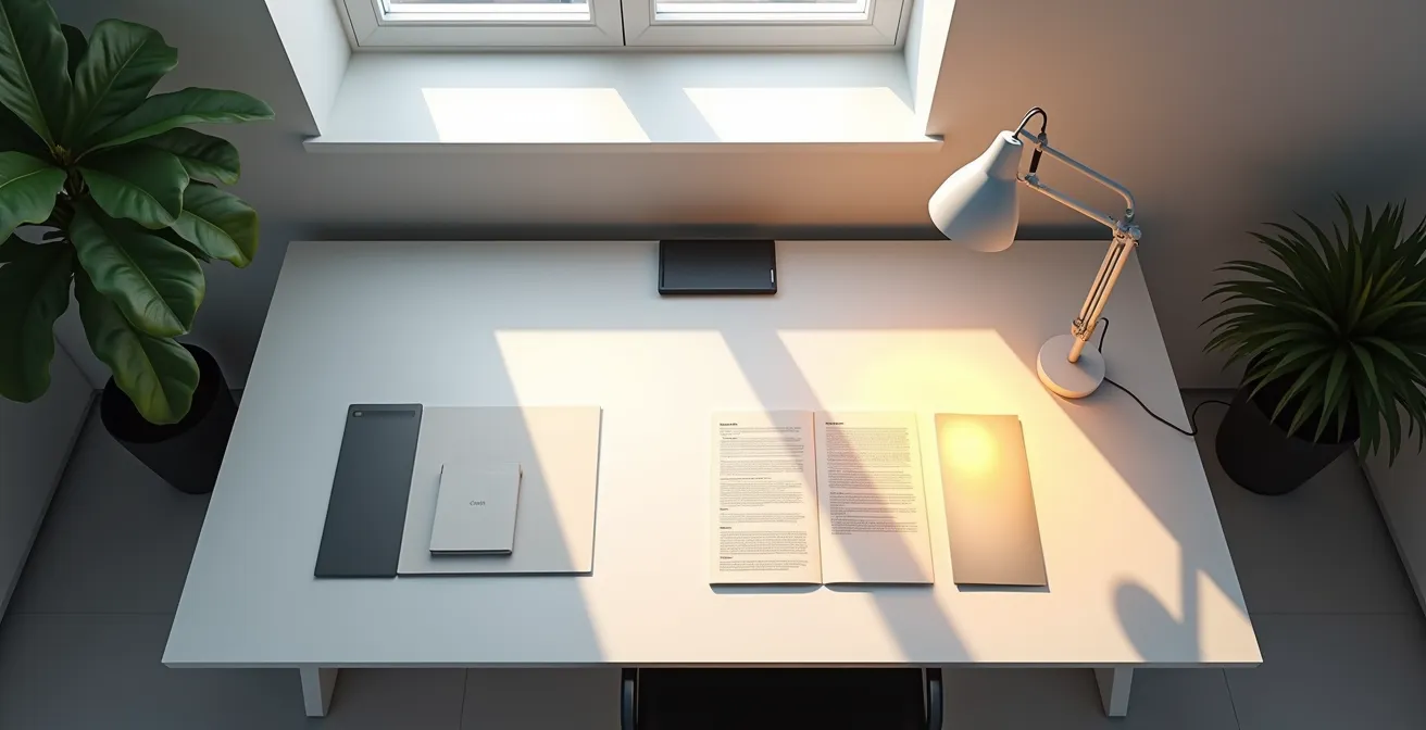 Overhead view of ergonomic desk setup with properly positioned task lighting