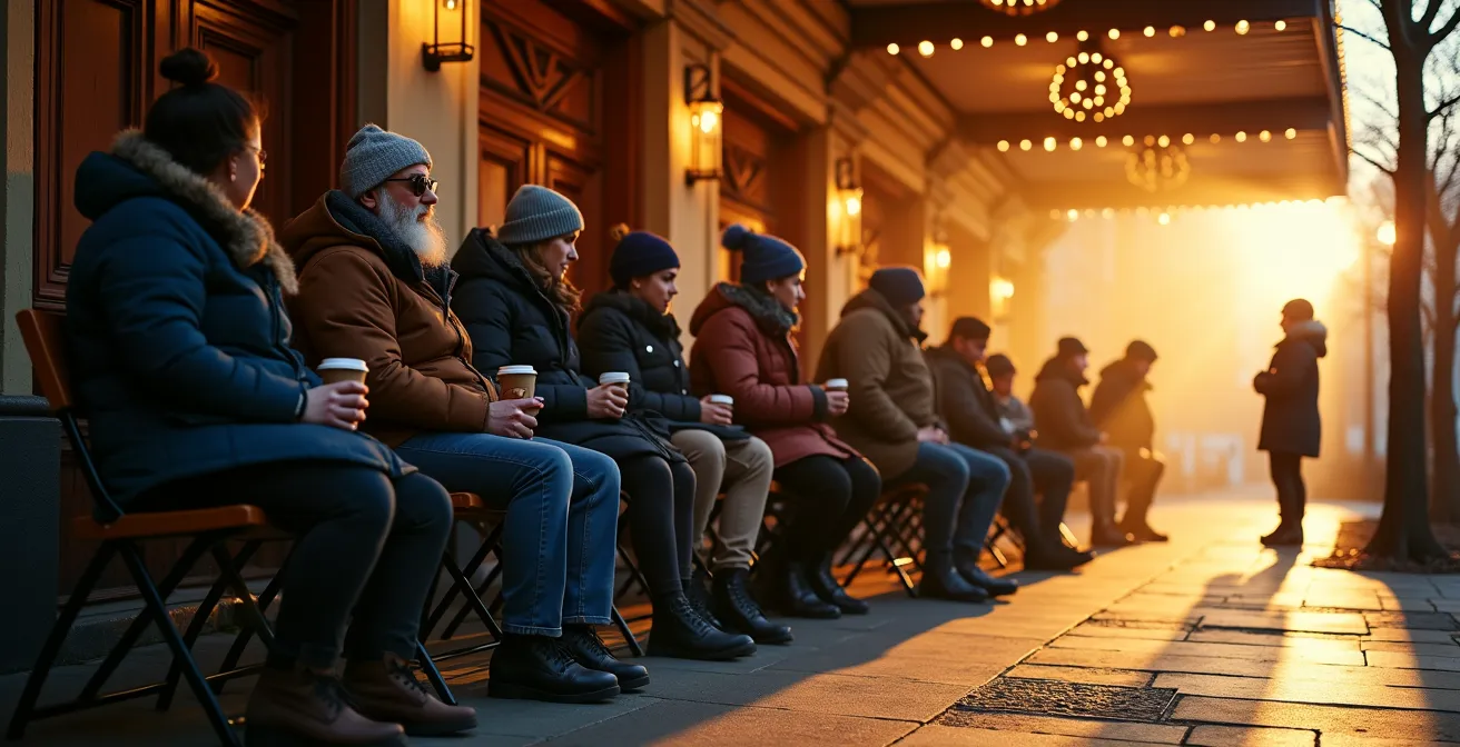 Early morning queue of theater fans outside Broadway box office