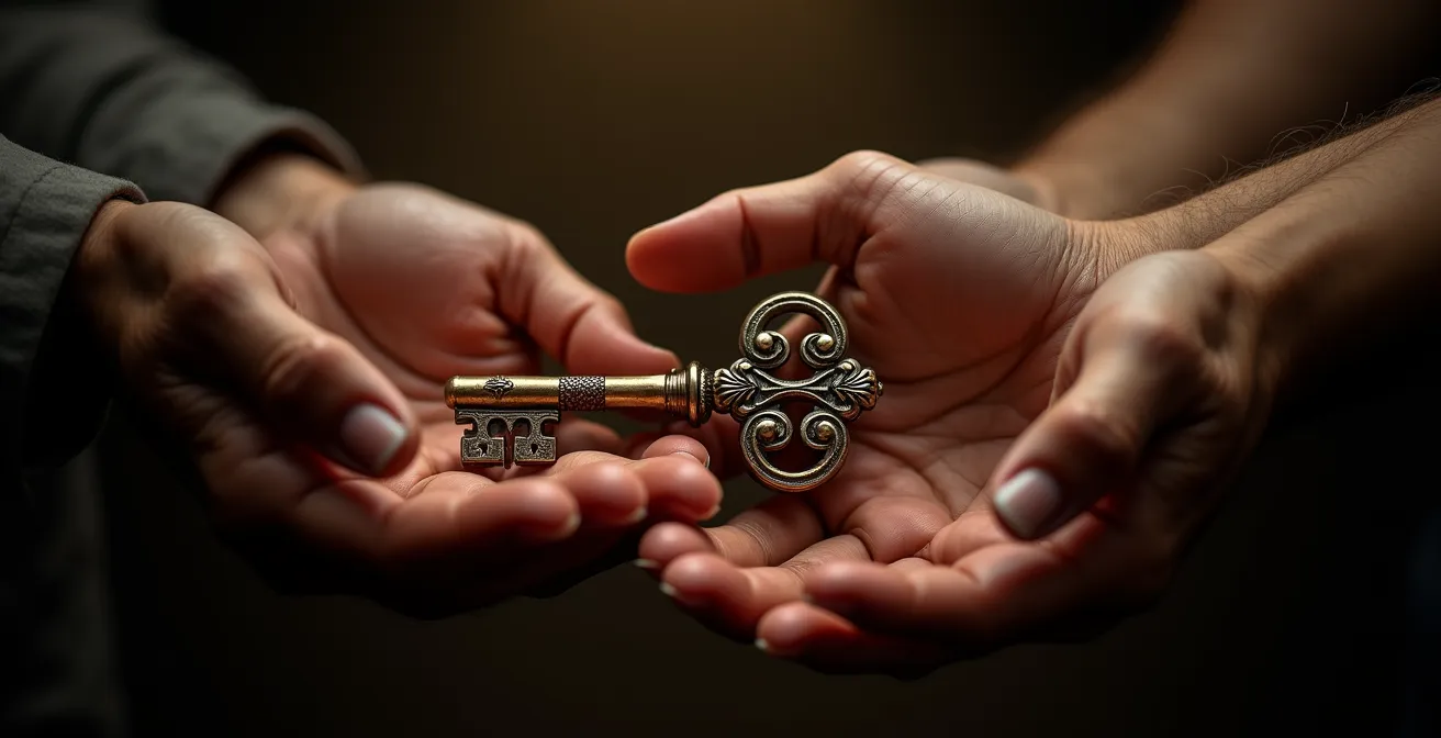 Three pairs of hands from different generations passing a symbolic key representing wealth transfer