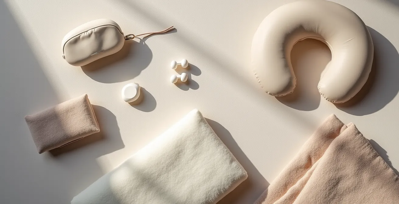 Overhead view of organized travel sleep accessories for bus journey