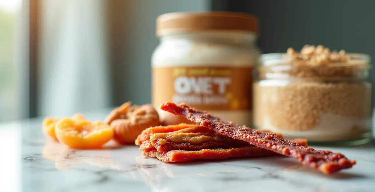 Close-up of TSA-compliant protein snacks and powders arranged for travel