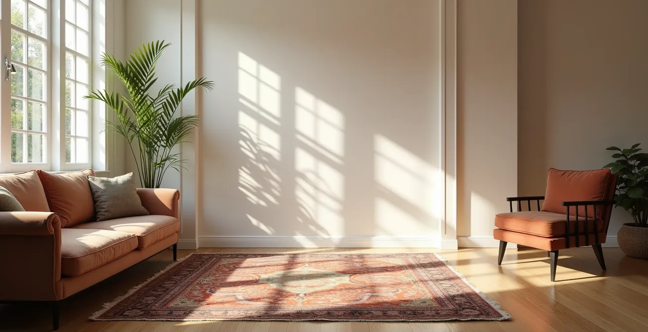 An interior room showing mapped safe and danger zones for vintage rug placement, with natural light patterns on the floor.