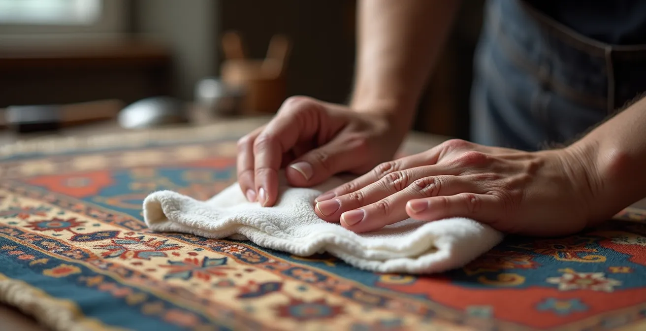 A professional conservator carefully treating a stain on a vintage wool rug with preservation tools.